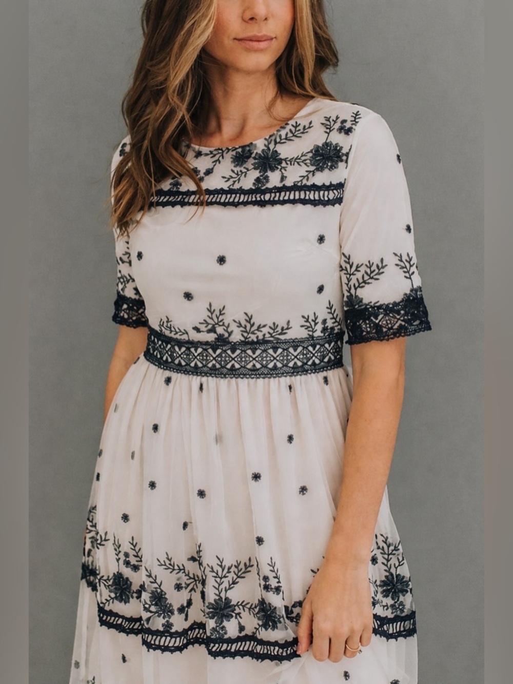 Polagram Ivory Midi Dress with Navy Embroidery Boho Lace Tulle